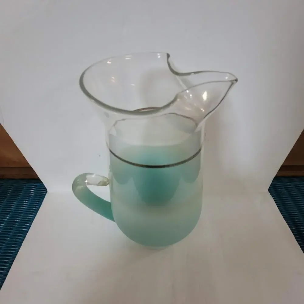 Vintage 1950's Teal Color Frosted Blendo Glass Pitcher With Gold Rim 11.75